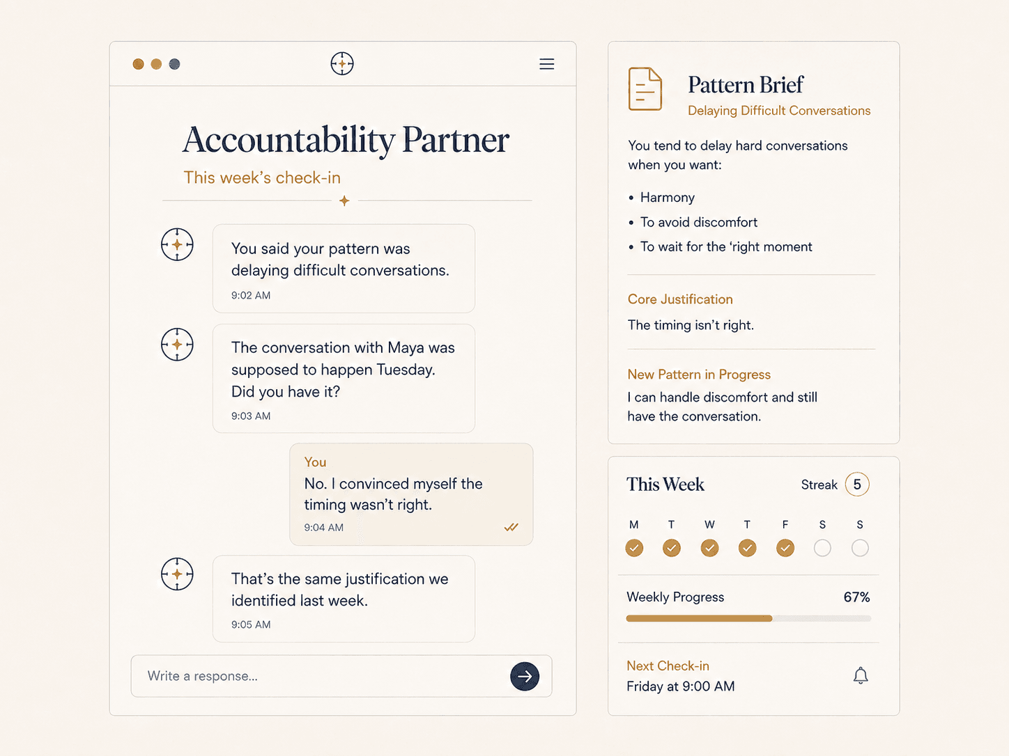 Accountability Partner Basic — weekly check-in chat with Pattern Brief and streak