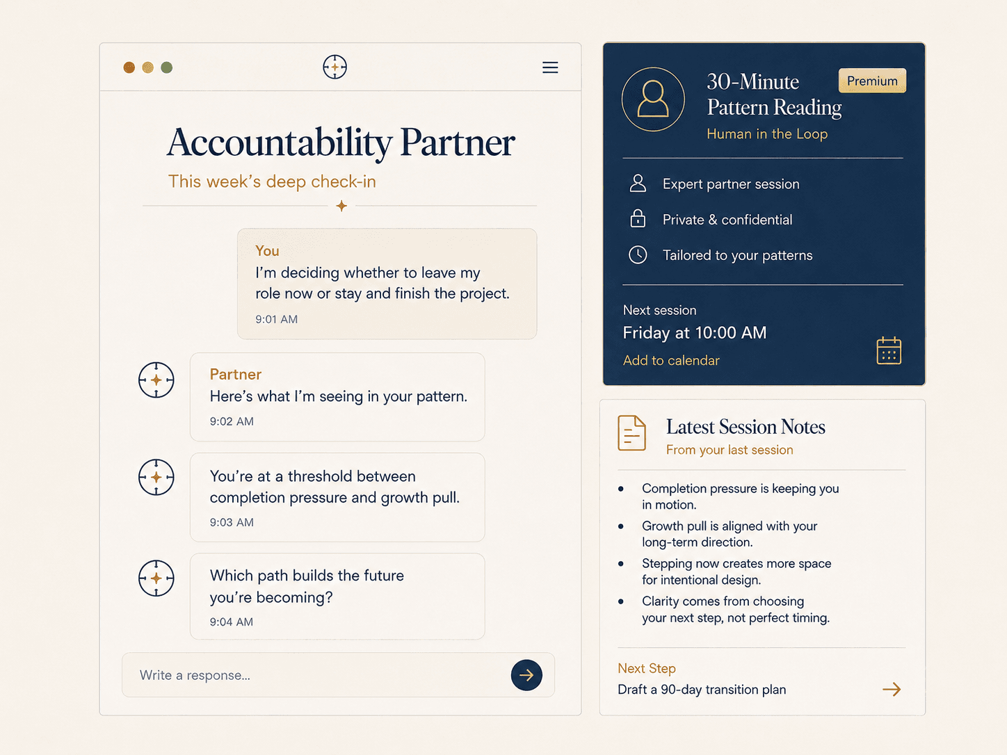 Accountability Partner Premium — deep check-in with human pattern reading